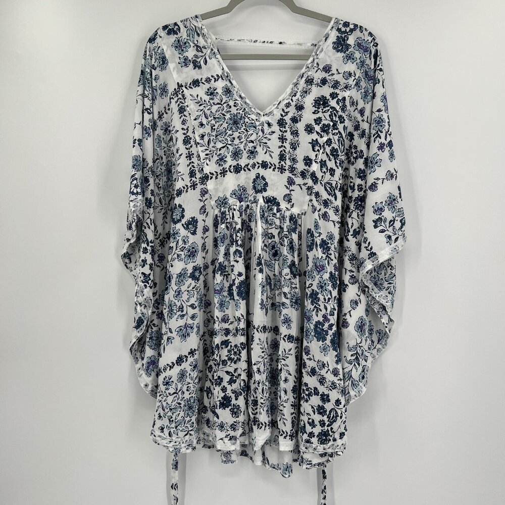 Poupette St Barth Women's Ariel V-Neck Poncho Dress White/Blue One Size NWT $310